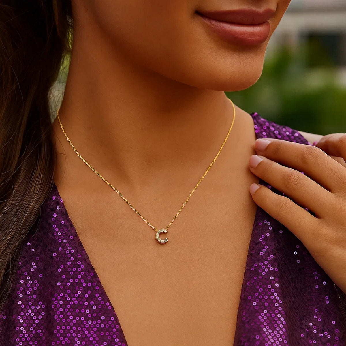 14K Yellow Gold Mini Diamond C Initial Pendant Necklace Alba Luxe