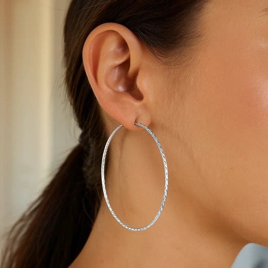 Sterling Silver Large Textured Round Hoop Earrings(1.6x60mm) RCJ
