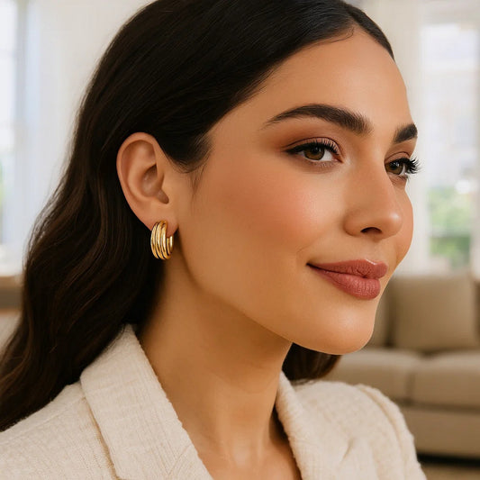 14K Yellow Gold Ribbed Hoop Earrings Alba Luxe