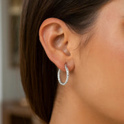 Sterling Silver Faceted Style Hoop Earrings with Rhodium Finishing(3x20mm) RCJ