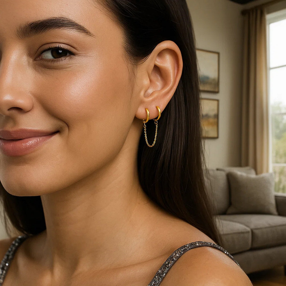 14k Yellow Gold Two Hole Huggie Style Hoop Earrings Alba Luxe