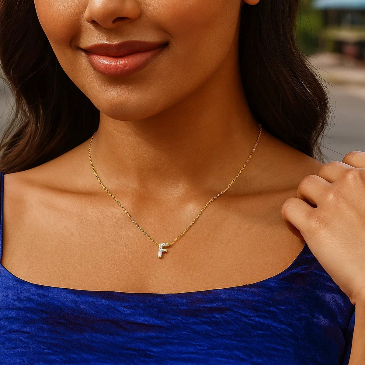 14K Yellow Gold Mini Diamond F Initial Pendant Necklace Alba Luxe