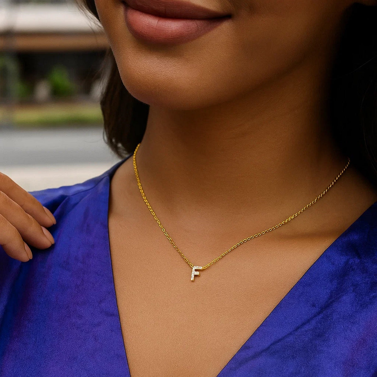 14K Yellow Gold Mini Diamond F Initial Pendant Necklace Alba Luxe