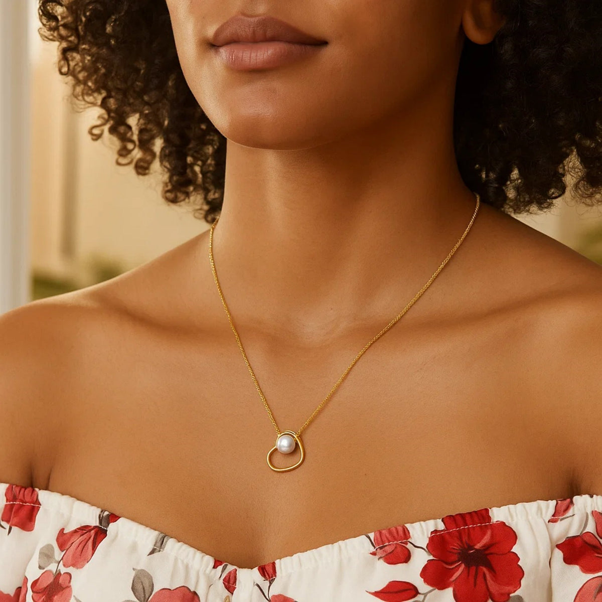 Open Heart and Pearl Necklace in 14K Yellow Gold RCJ