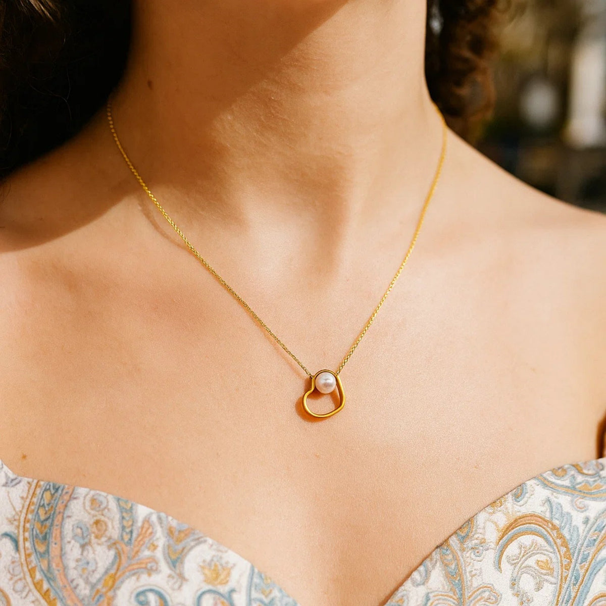 Open Heart and Pearl Necklace in 14K Yellow Gold RCJ