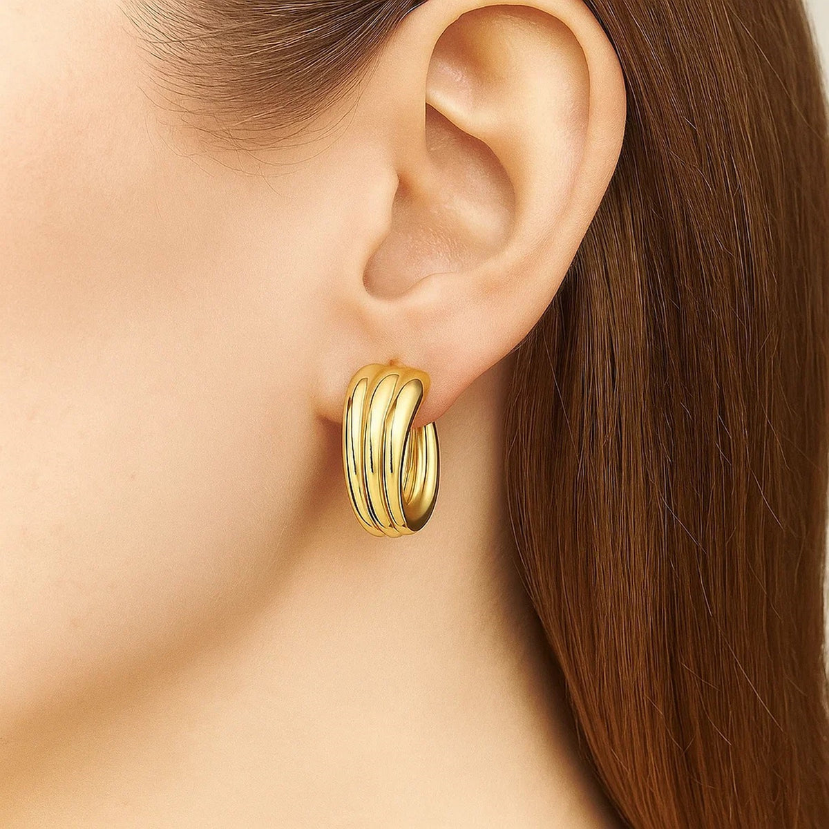 14K Yellow Gold 3 Row Graduated Hoop Earrings Alba Luxe