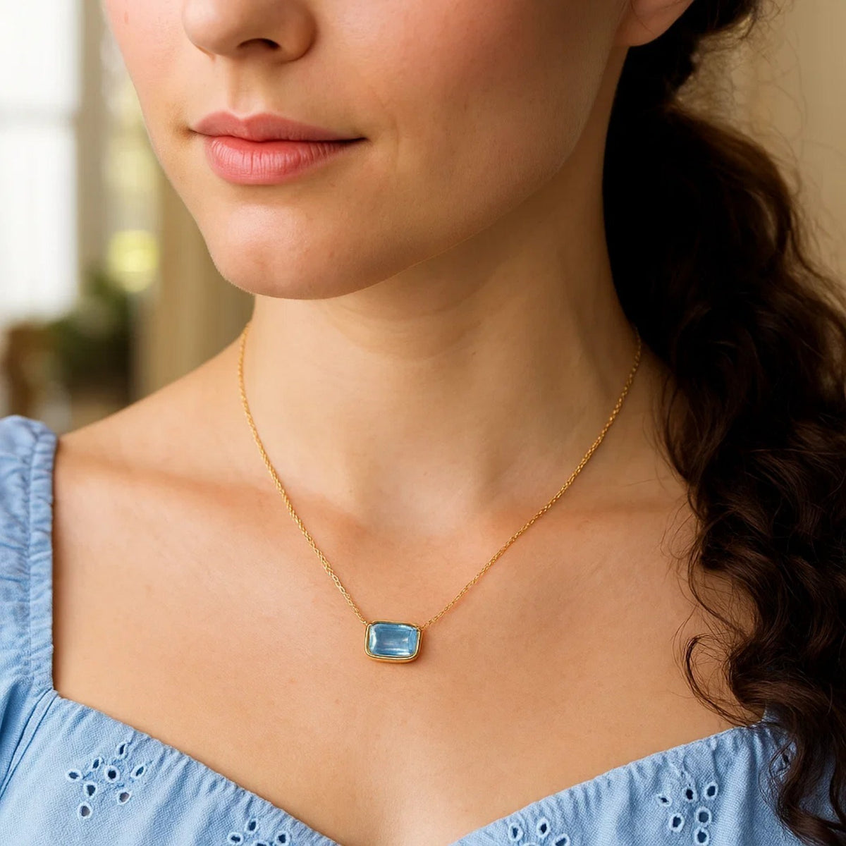 14K Yellow Gold Emerald Cut Blue Topaz Necklace Alba Luxe
