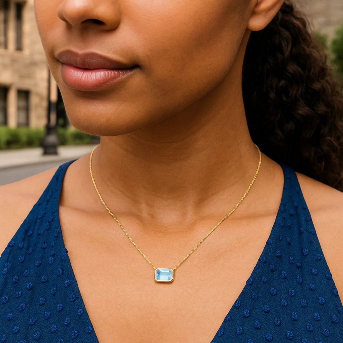 14K Yellow Gold Emerald Cut Blue Topaz Necklace Alba Luxe