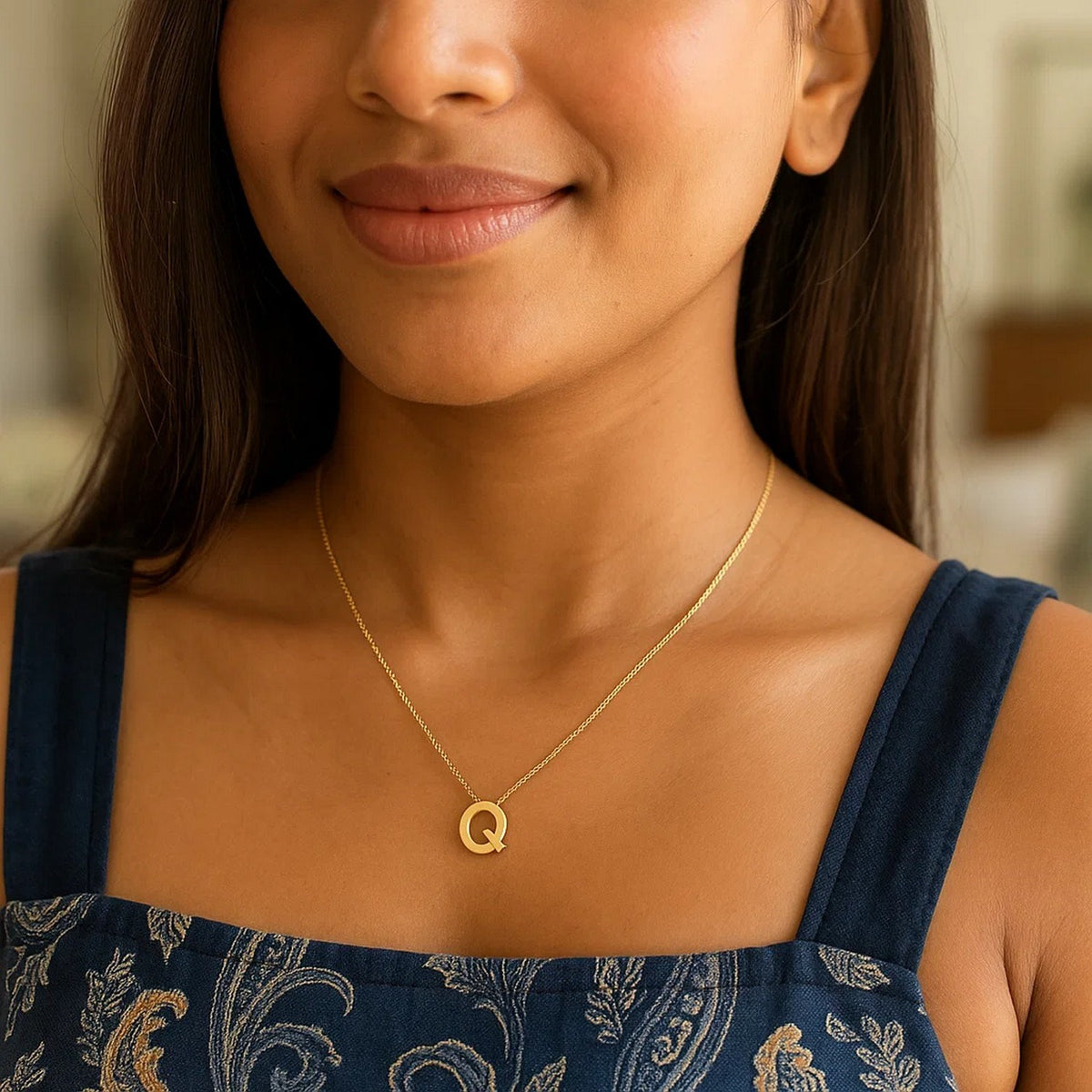 14K Yellow Gold Yours Truly Block Letter Initial Q Necklace Alba Luxe