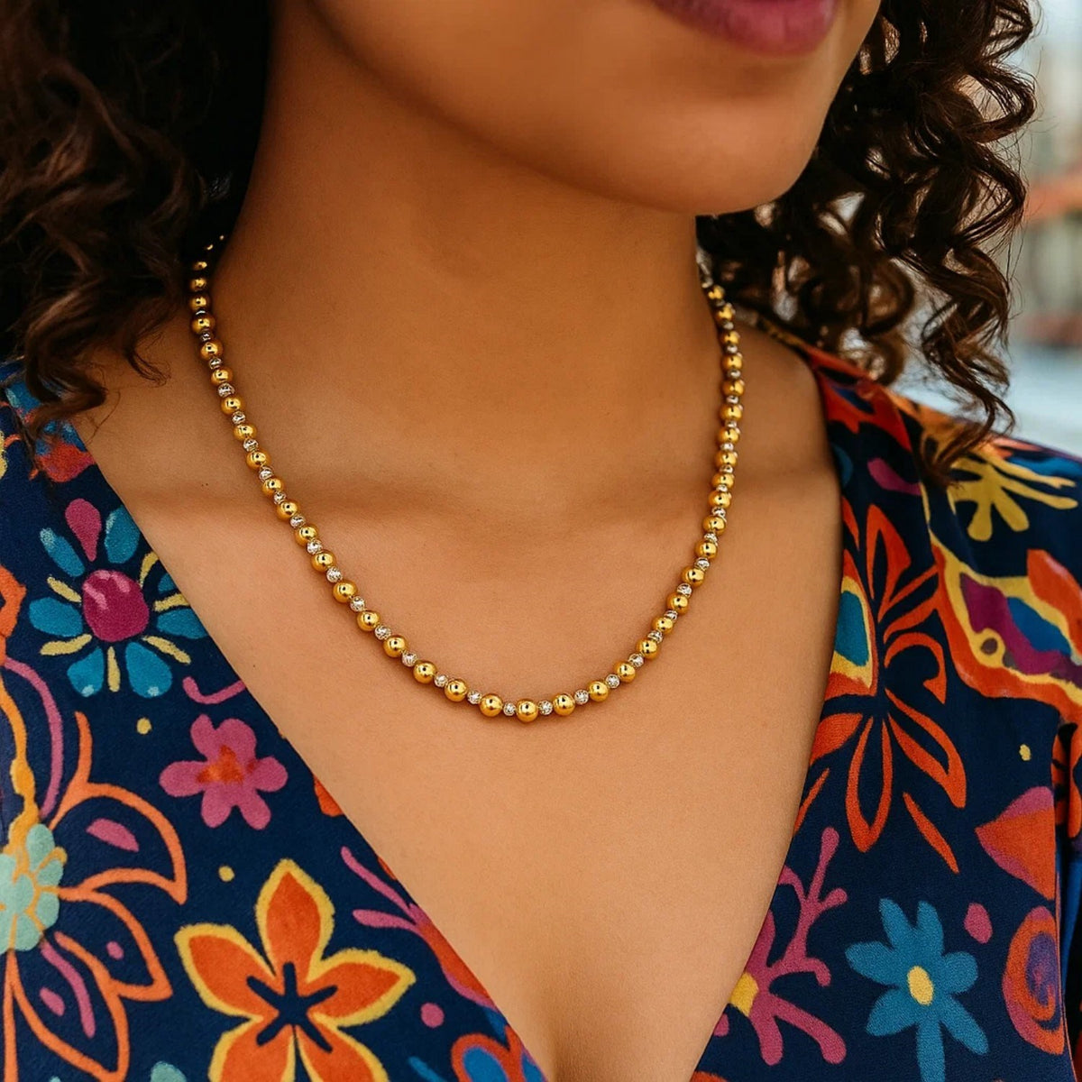 Two Tone Beaded Chain Necklace in 14K Gold Alba Luxe