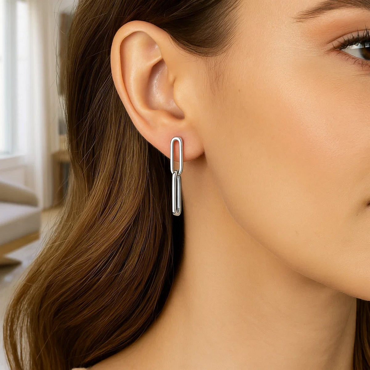 14K White Gold Double Link Paperclip Drop Earrings Alba Luxe