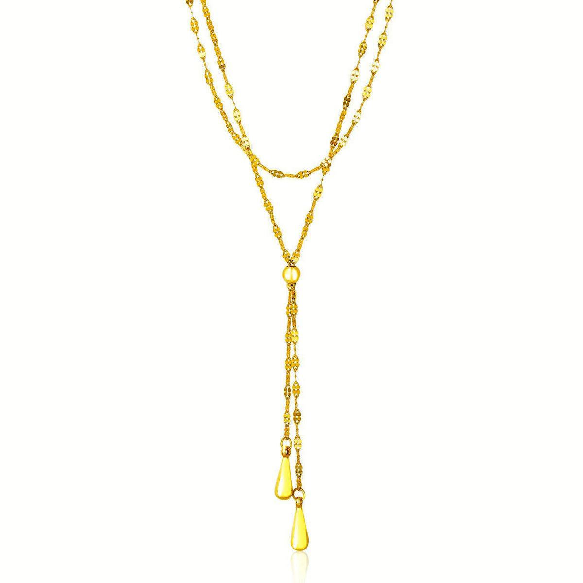 14k Yellow Gold Double Strand Chain with Puffed Heart Lariat Necklace Alba Luxe