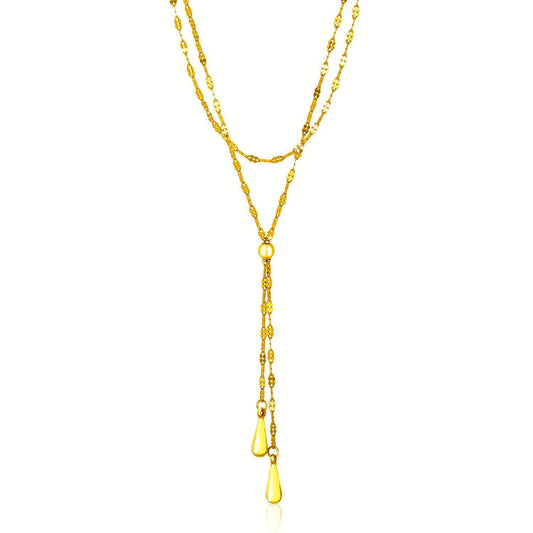 14k Yellow Gold Double Strand Chain with Puffed Heart Lariat Necklace Alba Luxe