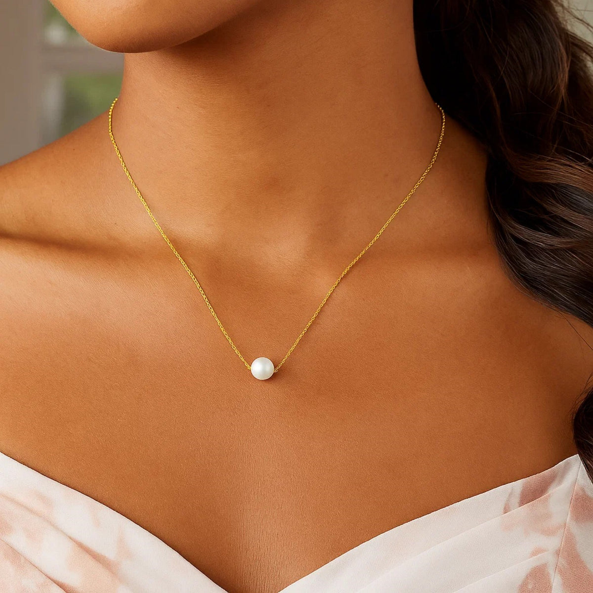 14k Yellow Gold 7mm Pearl Solitaire Necklace Alba Luxe