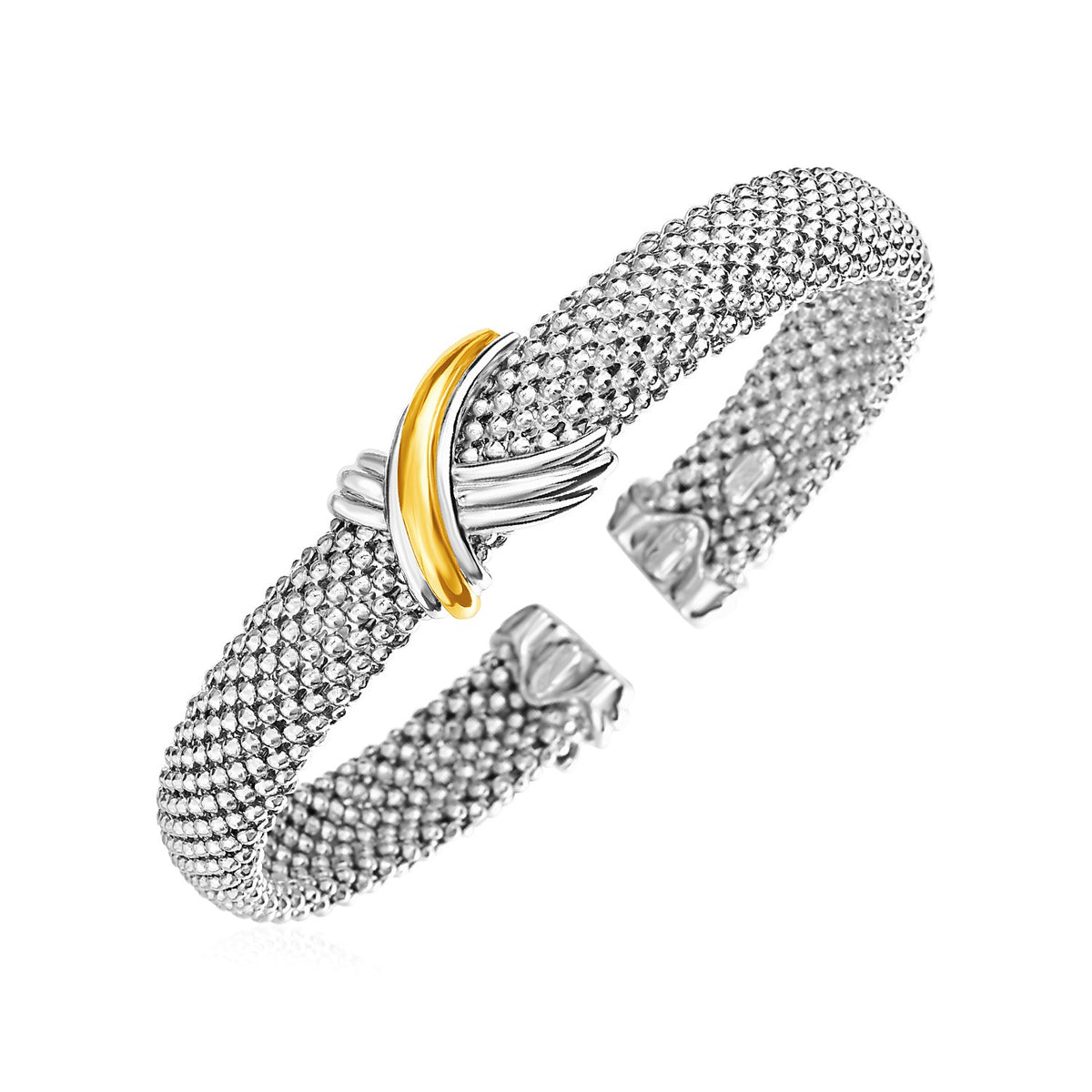 Popcorn Texture Cuff Bangle in Sterling Silver and 18k Yellow Gold (10.00 mm) Alba Luxe