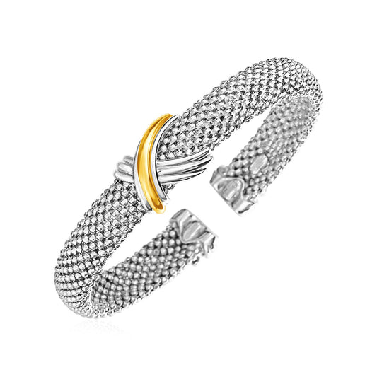 Popcorn Texture Cuff Bangle in Sterling Silver and 18k Yellow Gold (10.00 mm) Alba Luxe
