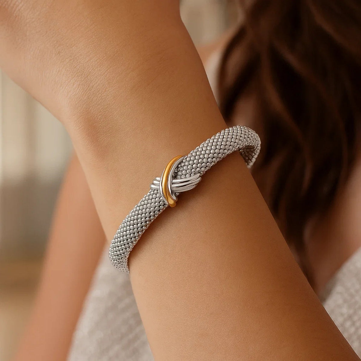 Popcorn Texture Cuff Bangle in Sterling Silver and 18k Yellow Gold (10.00 mm) Alba Luxe