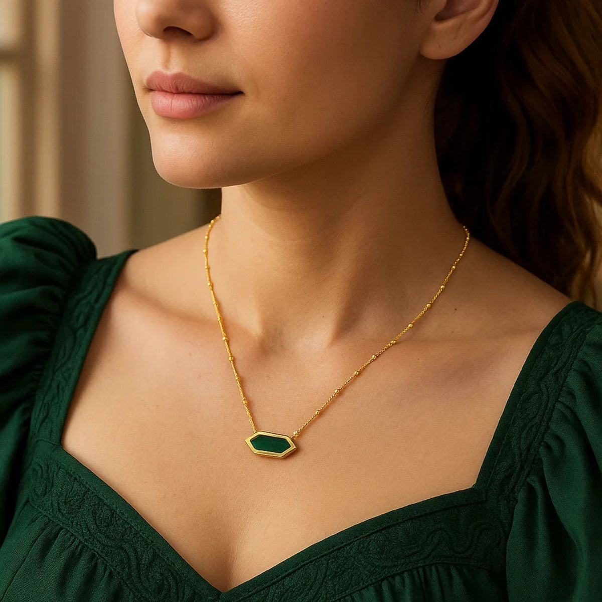 14K Yellow Gold Hexagon Malachite Pendant Necklace Alba Luxe