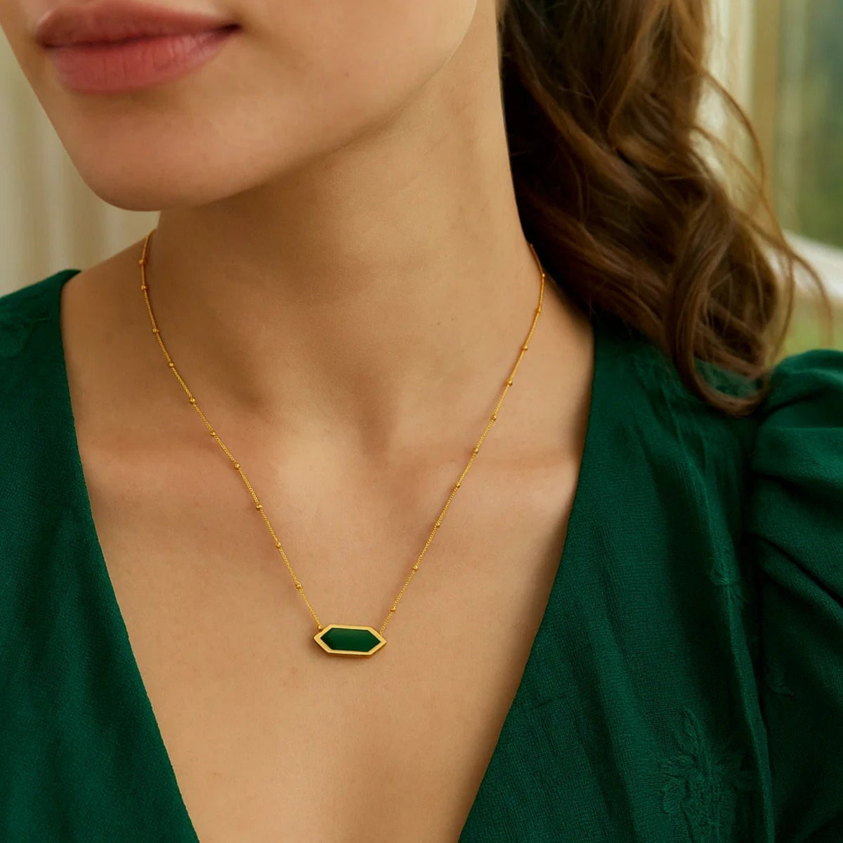 14K Yellow Gold Hexagon Malachite Pendant Necklace Alba Luxe