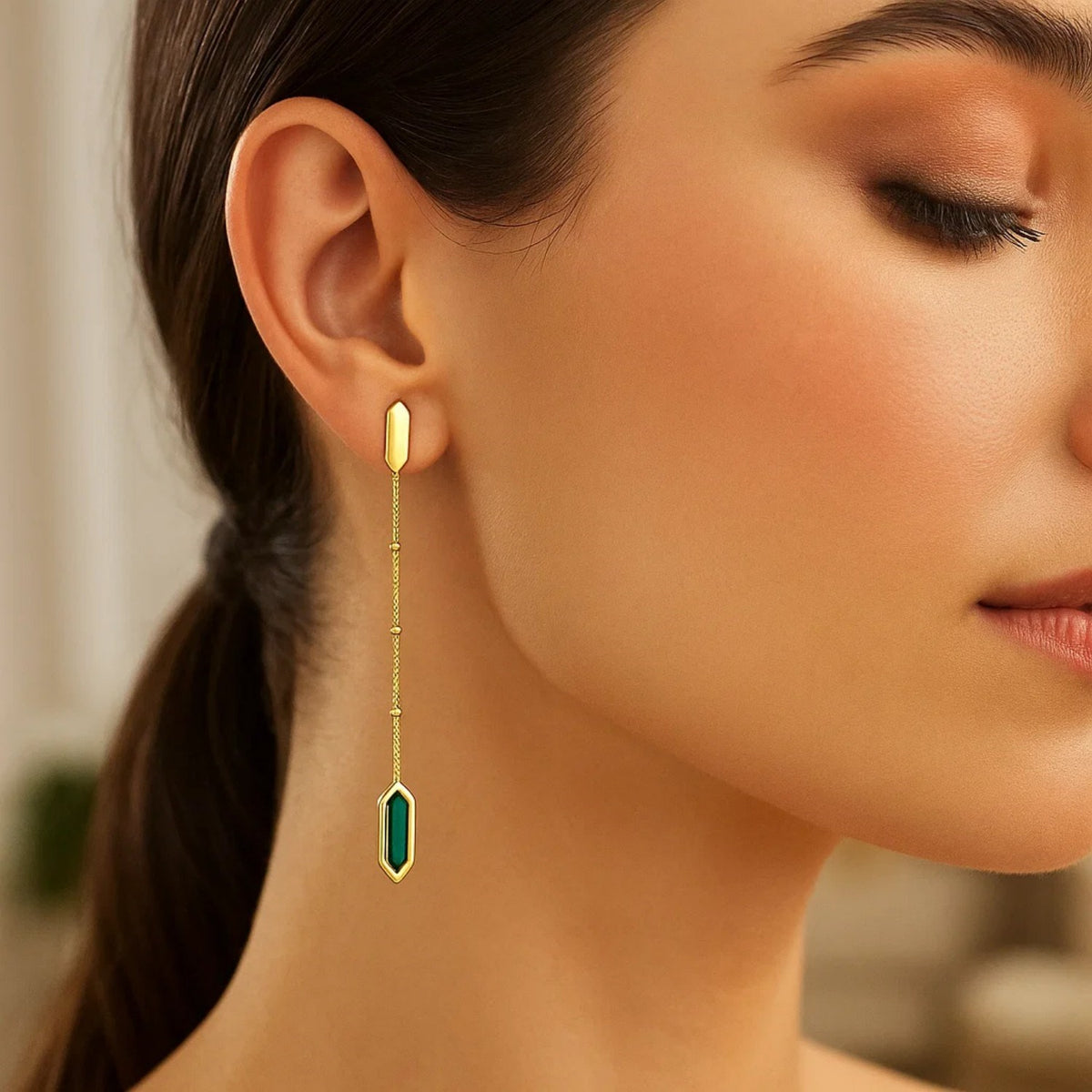 14K Yellow Gold Hexagon Malachite Drop Earrings Alba Luxe
