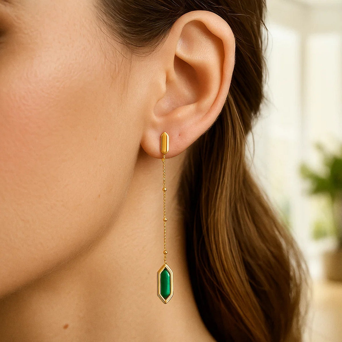 14K Yellow Gold Hexagon Malachite Drop Earrings Alba Luxe