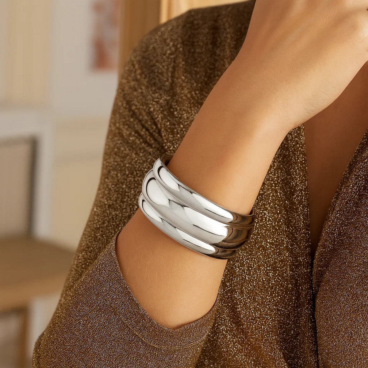 Sterling Silver Rhodium Plated Bold Ribbed Cuff Bangle (25.00 mm) Alba Luxe
