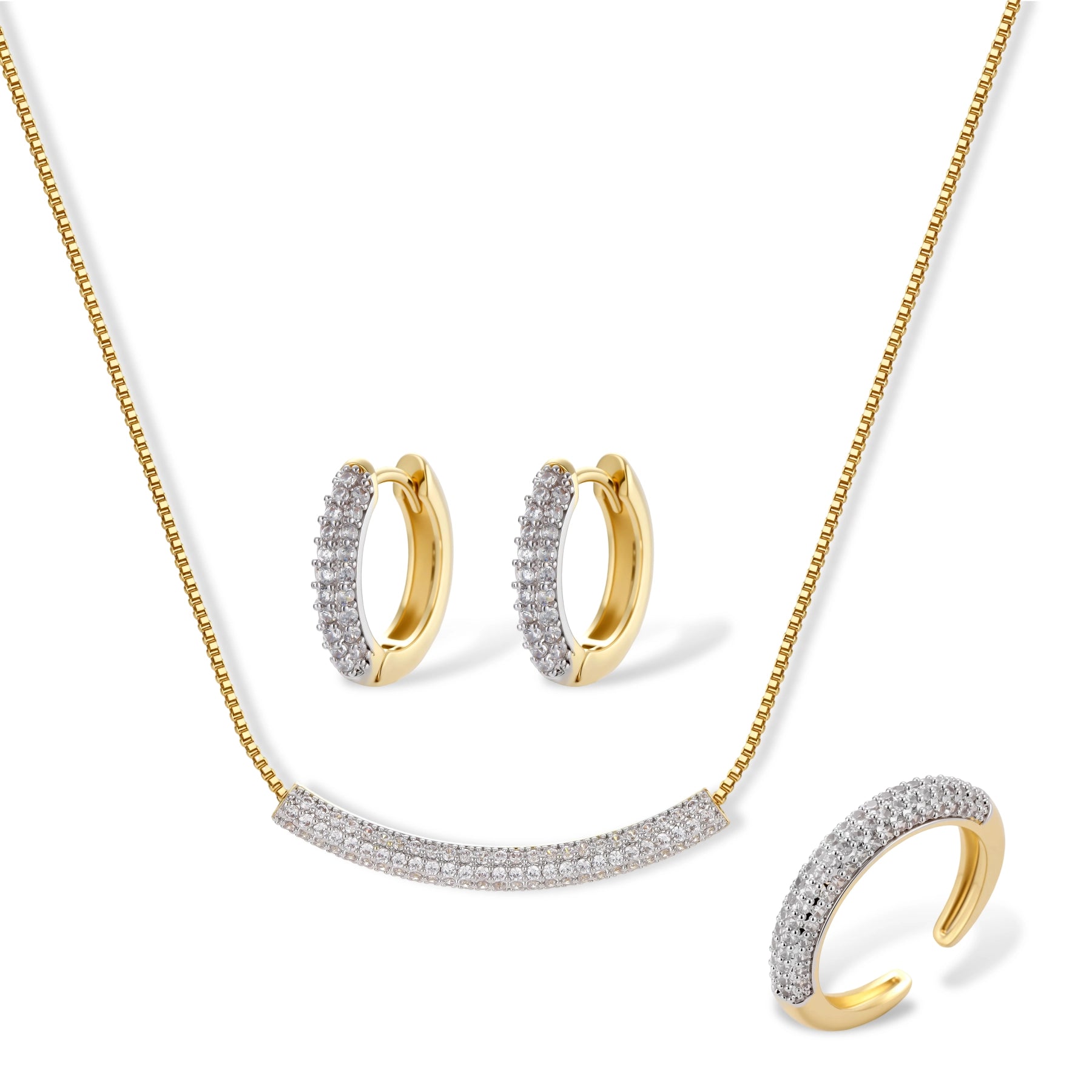 Gold-plated curved necklace, hoop earrings, and adjustable ring with pavé cubic zirconia stones on cream background.