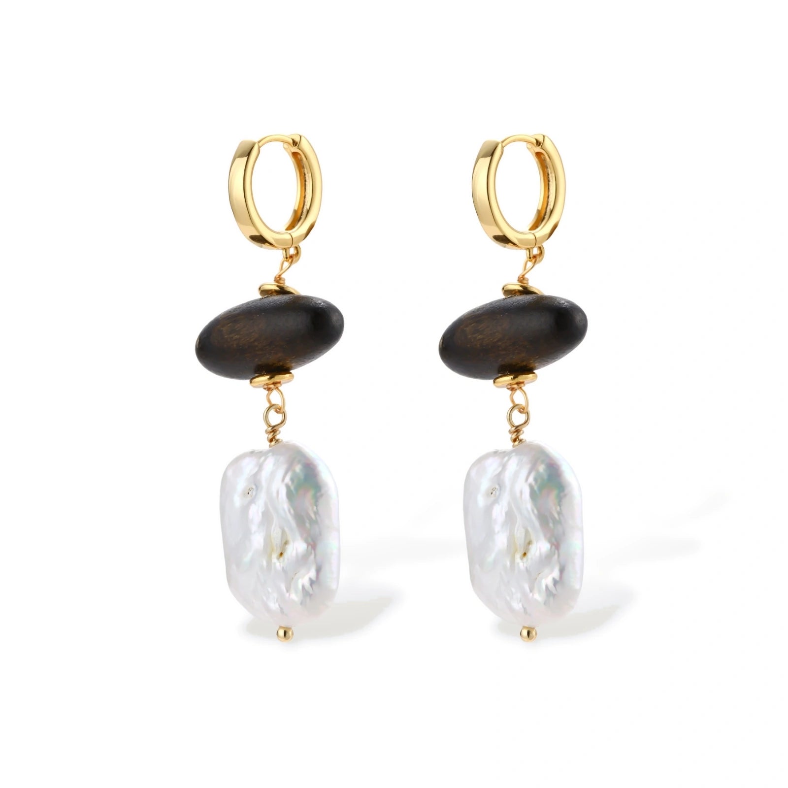 Gold hoop earrings with dark wood beads and baroque freshwater pearls, shown from multiple angles on cream background.