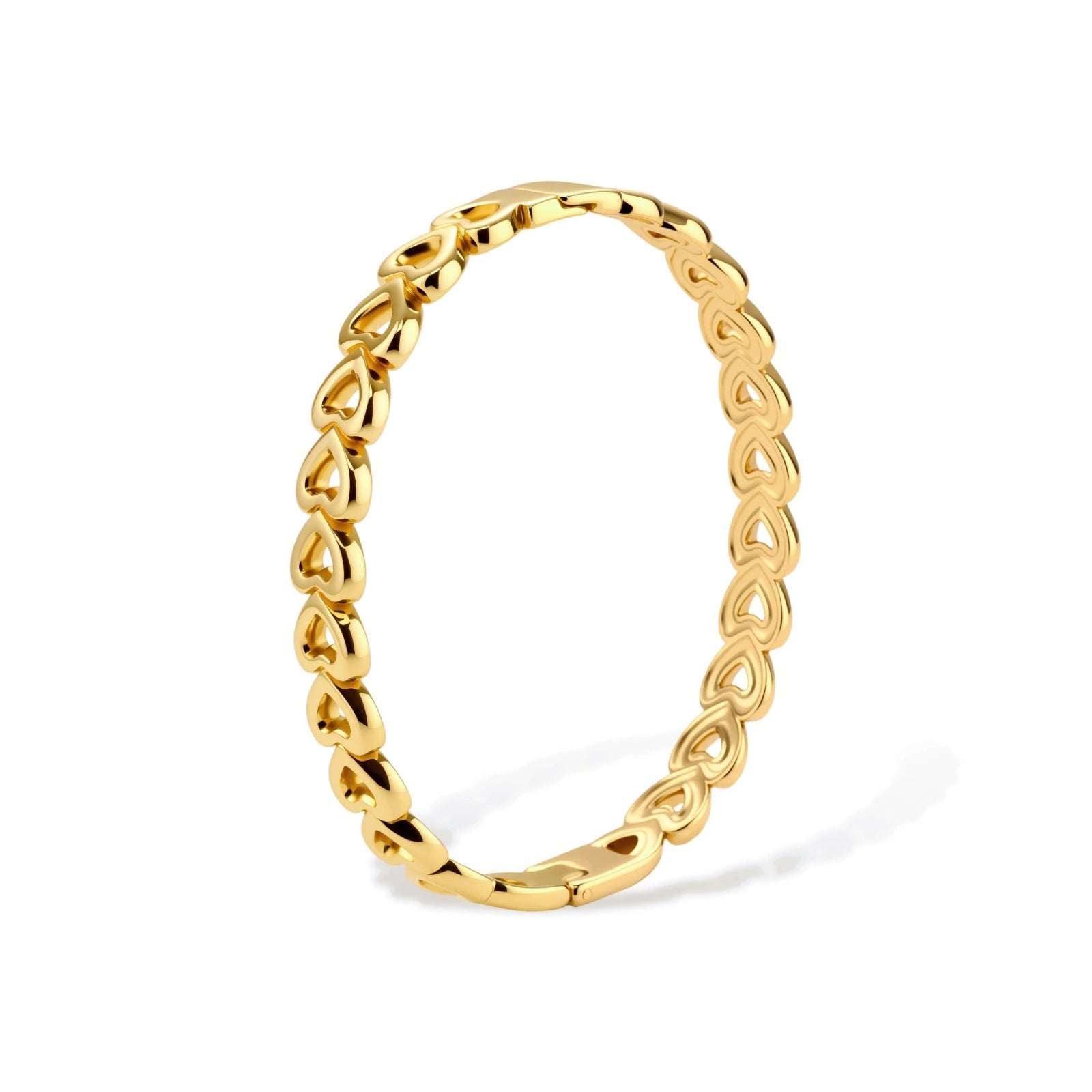 Gold 18K plated stainless steel bangle with continuous open heart links, high-polish finish, on white background.