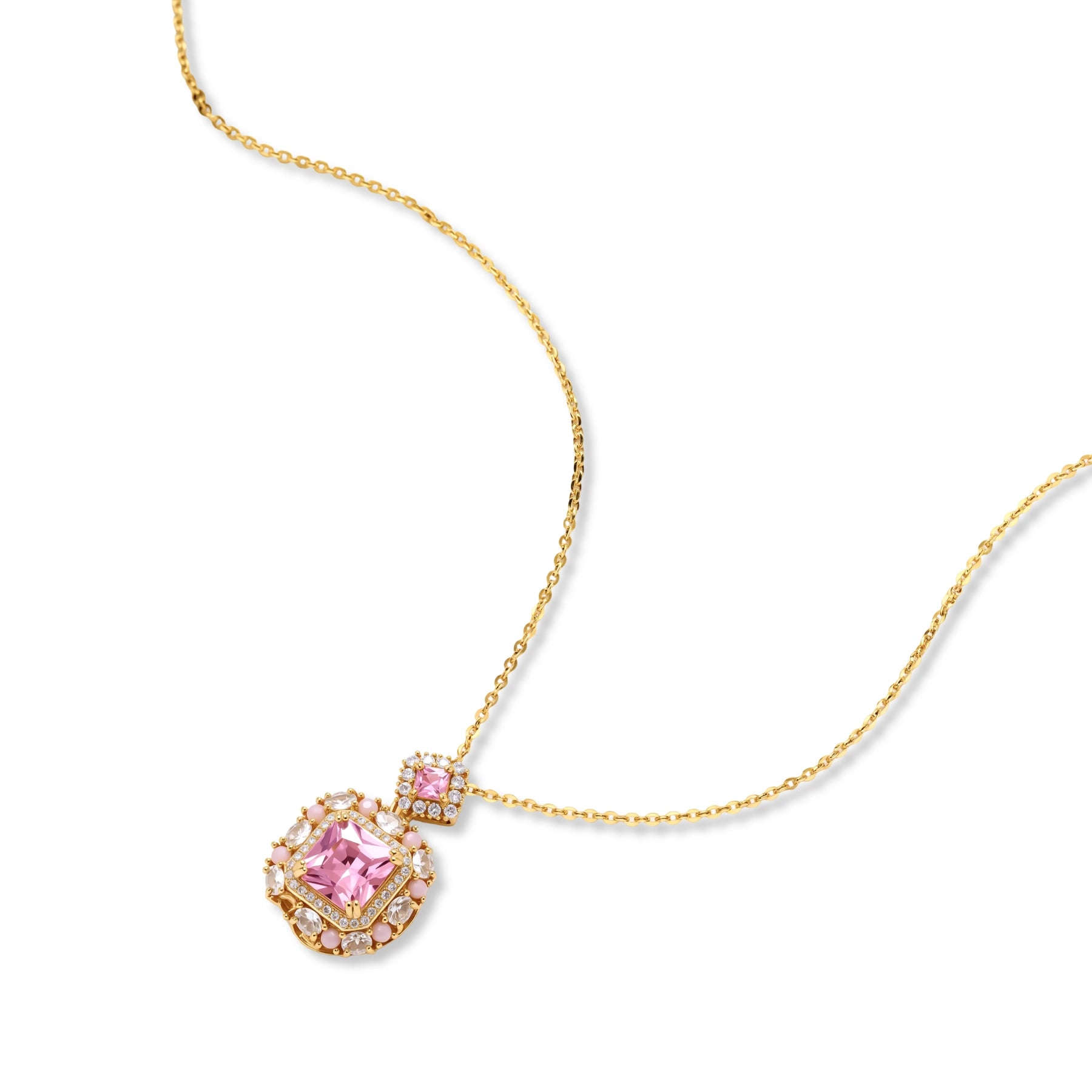 14K gold-plated jewelry set featuring square-cut cubic zirconia stones in ornate layered settings on white background.