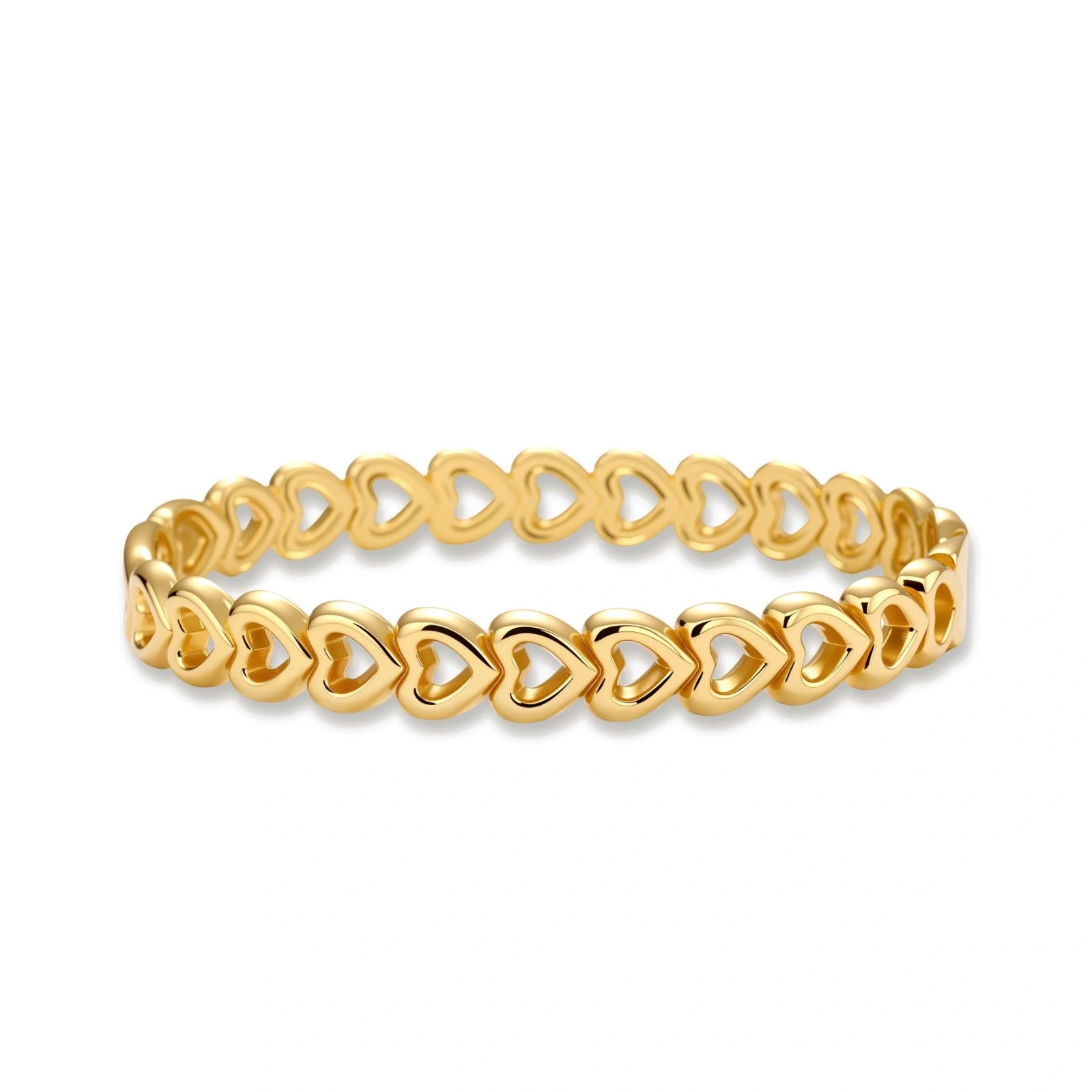 Gold 18K plated stainless steel bangle with continuous open heart links, high-polish finish, on white background.