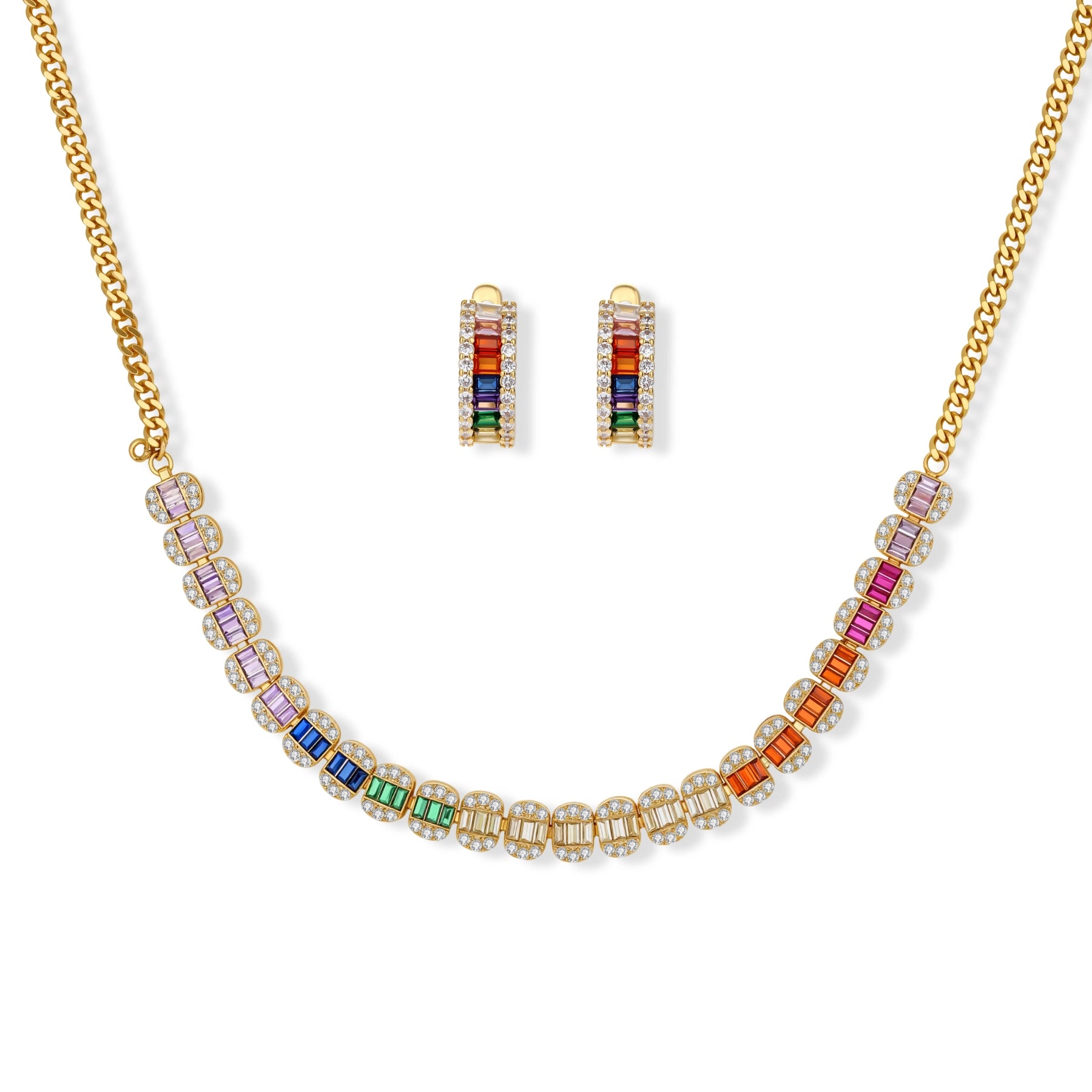 Gold-plated jewelry set featuring rainbow baguette-cut cubic zirconia stones in geometric design on cream background