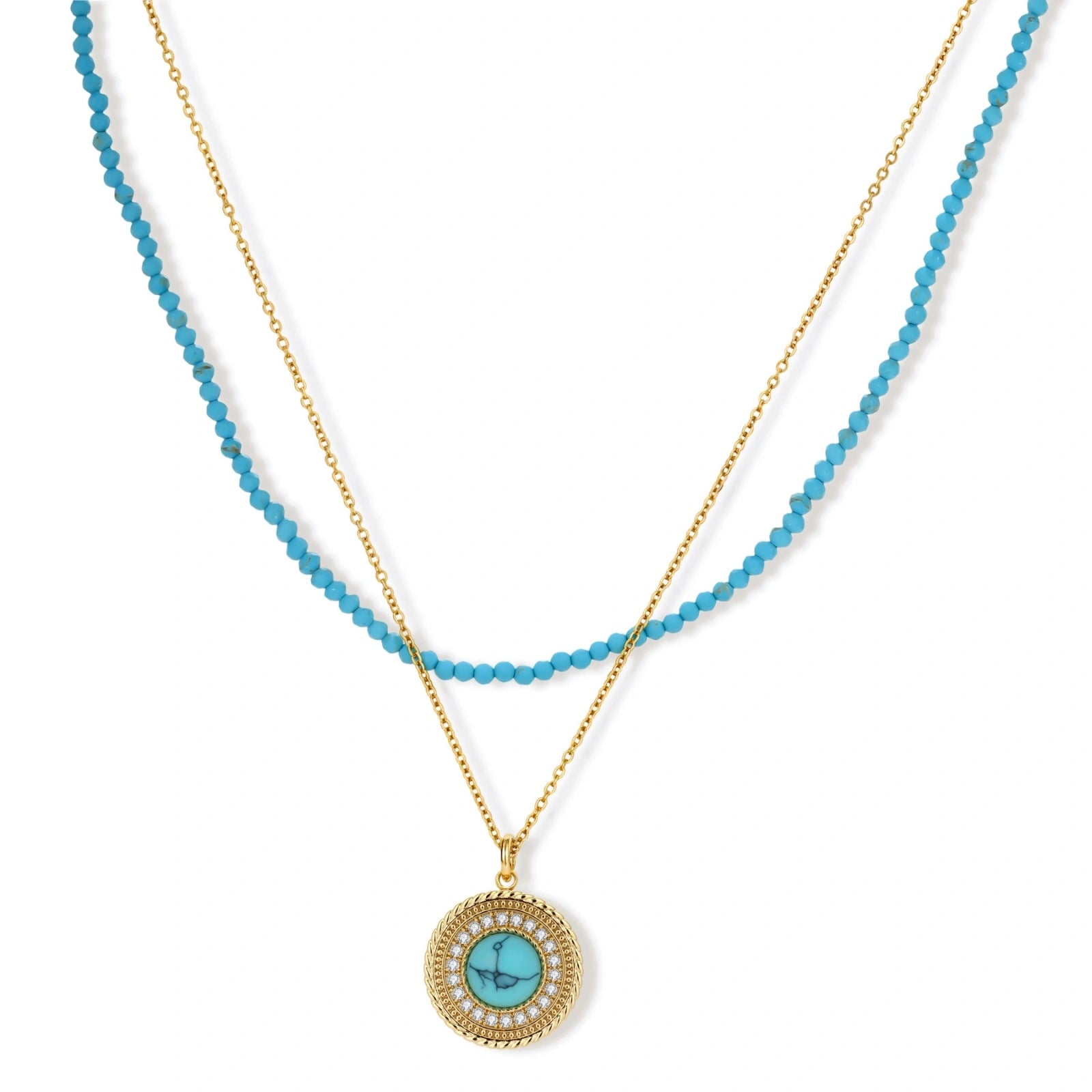 Gold-plated turquoise jewelry set with circular medallion pendant, beaded necklace, and matching stud earrings on white background