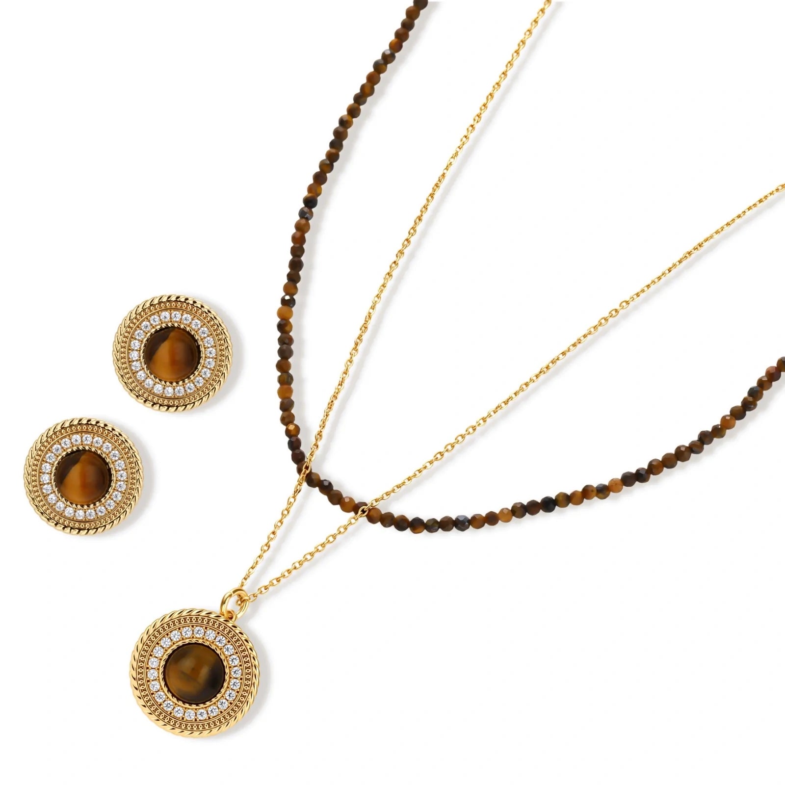 Gold-plated circular pendant necklace and matching earrings with natural stone centers and ornate rope detailing