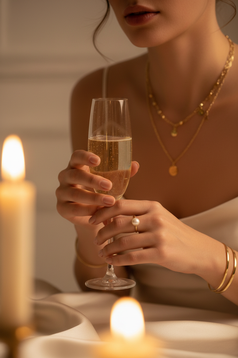 Close-up of a woman in a satin dress holding a champagne flute, adorned with layered gold necklaces, a pearl ring, and gold bangles, with blurred candles in the foreground.